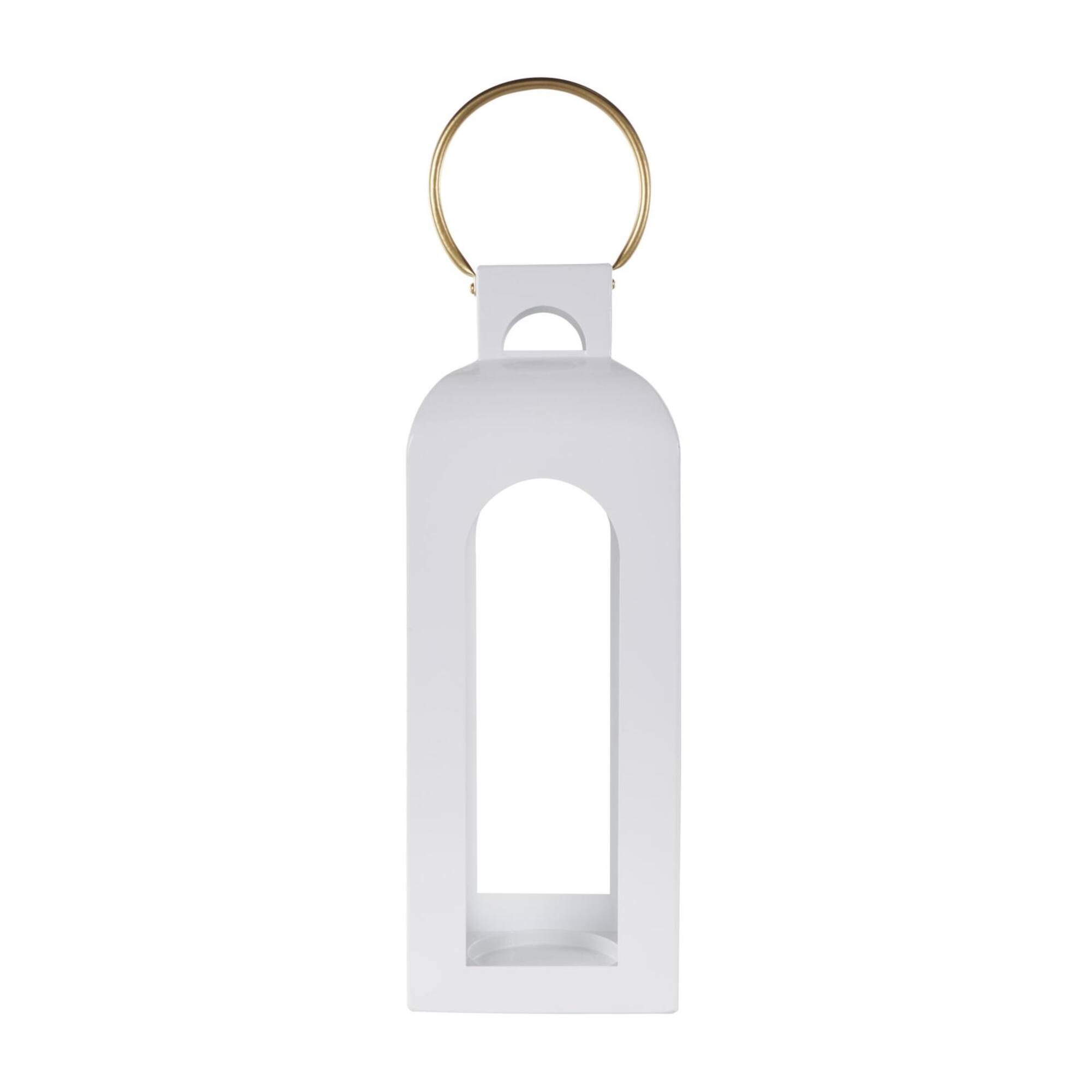 22.5" White Metal Tall Arched Cutout Candle Lantern with Gold Handle